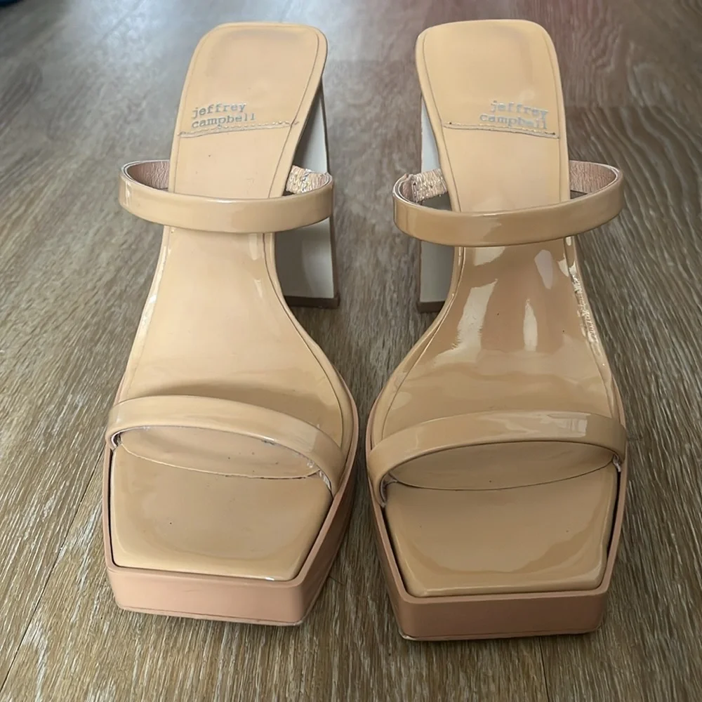 Jeffery Campbell Hustler Platform Sandal Nude Patent Leather Strappy Block Heels